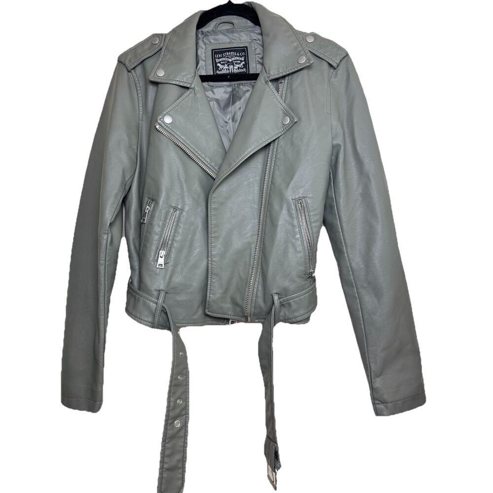 Levi Strauss Women's Faux Leather Belted Motorcycle Jacket Grey Size M‎